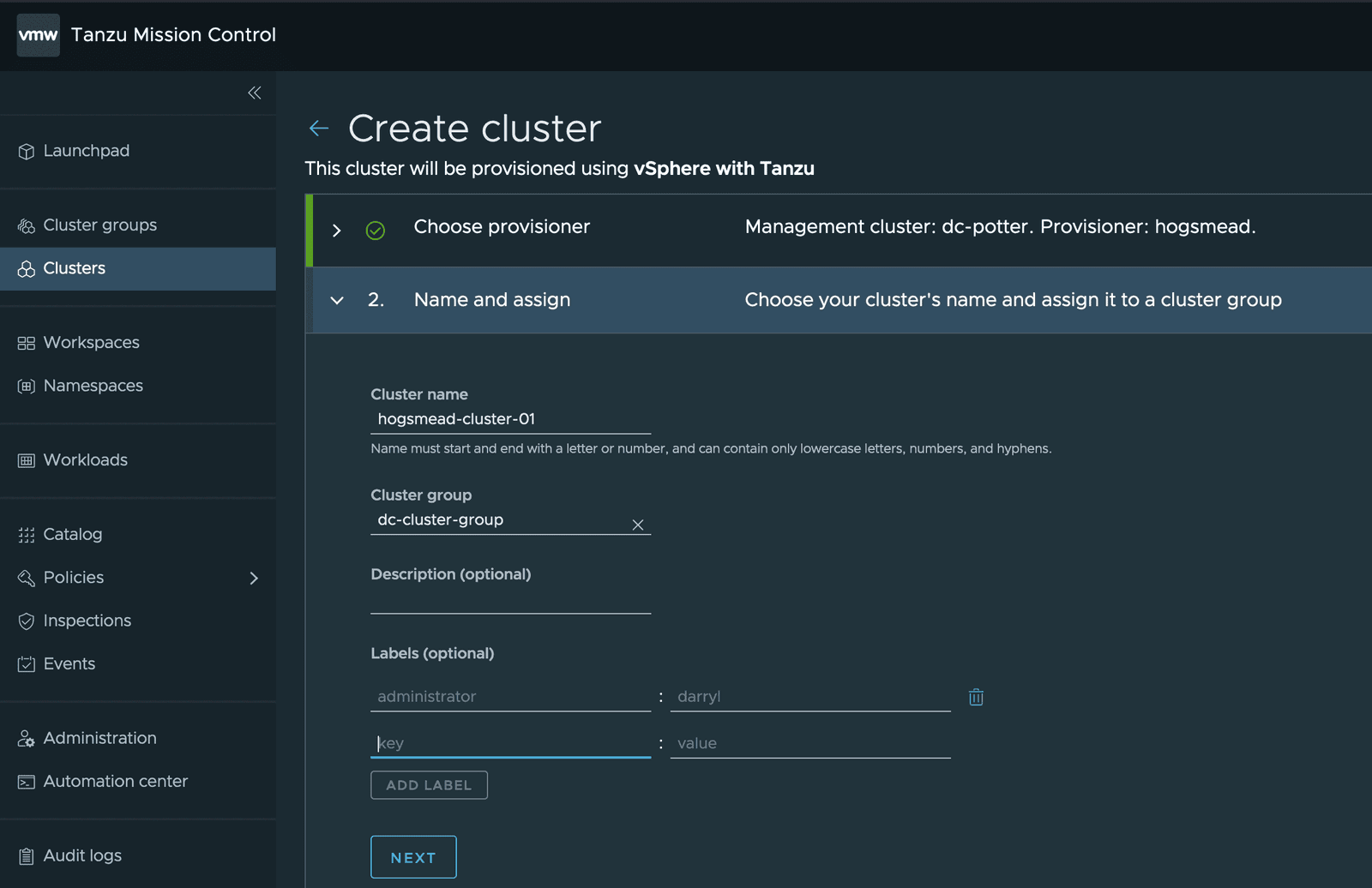 Tanzu Mission Control Cluster Provisioning Metadata